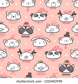 Cute Animal Faces Seamless pattern. Doodle Cartoon Animals and Birds. Vector Background for Kids