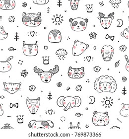 Cute Animal Faces Seamless pattern. Hand drawn Doodle Cartoon Animals and Birds. Vector Background for Kids