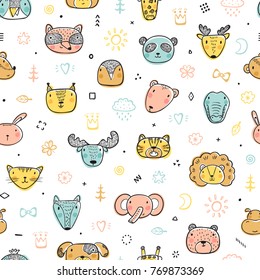 Cute Animal Faces Seamless pattern. Hand drawn Doodle Cartoon Animals and Birds. Vector Background for Kids
