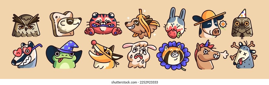 Cute animal faces set. Funny head characters with different emotions, muzzle expressions. Adorable sad owl, angry cat, laughing dog, happy cow. Isolated childish kids flat vector illustrations