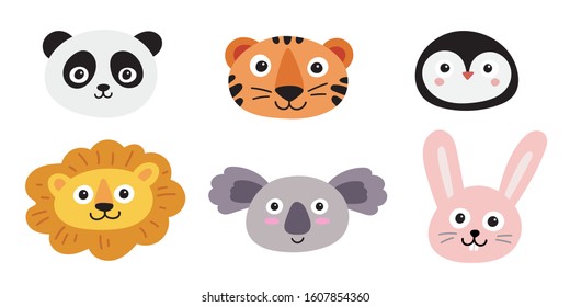 Cute animal faces set. Hand drawn characters - panda, tiger, lion, koala, hare, penguin