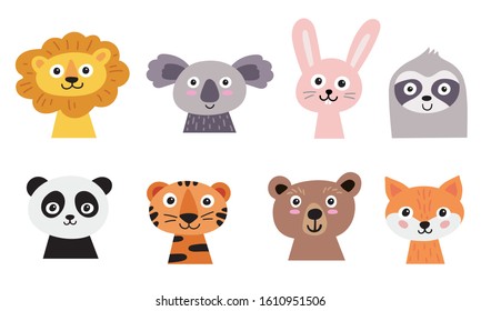 Cute animal faces set. Hand drawn characters - lion, koala, hare, sloth, panda, tiger, bear, fox - Shutterstock ID 1610951506