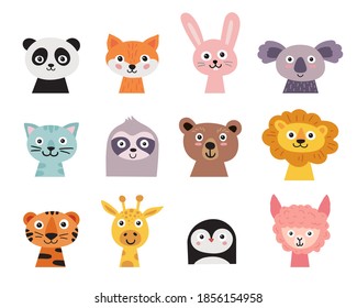 Caras animales ricas. Caracteres dibujados a mano: zorro, oso, jirafa, pereza, alpaca, gato, panda, tigre, león, koala, liebre, pingüino