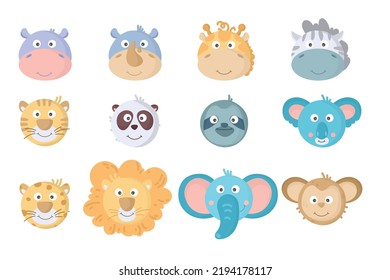 Cute animal faces set. Hand drawn characters. lion, giraffe, elephant, turtle, zebra, parrot, hippo, monkey, sloth, rhino, panda, tiger, panda, toucan. heads wild animal
