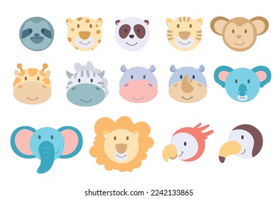 Cute animal faces set. Hand drawn characters. lion, giraffe, elephant, turtle, zebra, parrot, hippo, monkey, sloth, rhino, panda, tiger, panda, toucan. heads wild animal