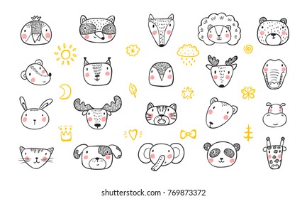 Cute Animal Faces Set. Hand drawn Doodle Cartoon Animals and Birds. Vector illustration 