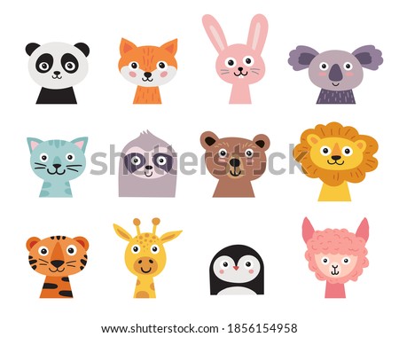 Cute animal faces set. Hand drawn characters - fox, bear, giraffe, sloth, alpaca, cat, panda, tiger, lion, koala, hare, penguin