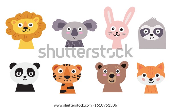 Cute animal faces set. Hand drawn characters - lion, koala, hare, sloth