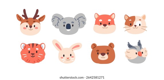 Cute animal faces set. Happy kids characters, cub heads. Smiling cat, bunny, bear, owl, kawaii tiger and deer portraits, avatars, user profiles. Flat vector illustration isolated on white background