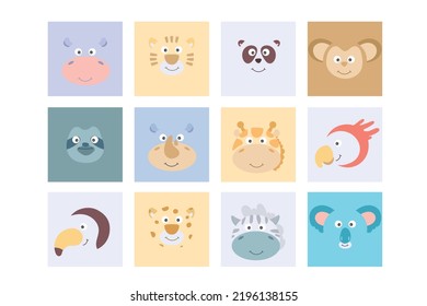 Cute animal faces set. Animal square face ui. giraffe,  zebra, parrot, hippo, monkey, sloth, rhino, panda, tiger, panda, toucan. heads wild animal. cute simple icon set. Memo. Funny cartoon Muzzles