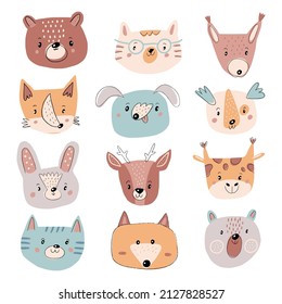 cute animal faces in trendy colors. Hand drawn character. Bear Rabbit Cat Deer Squirrel Print for Kids