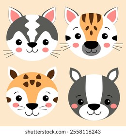 Cute animal faces - vector icons