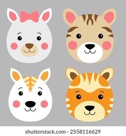 Cute animal faces - vector icons