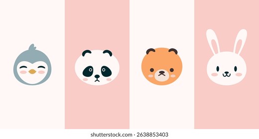 Cute animal faces vector illustration featuring a smiling penguin, curious panda, serious bear, and cheerful rabbit. Perfect for children's designs and educational materials.