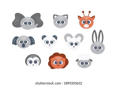 Cute animal faces vector illustrations set. Lovely animals with bug eyes
