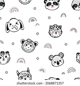 Cute Animal Faces Vector Seamless pattern. Rainbow and Wild Animals: Tiger, Elephant, Sloth, Panda, Monkey, Alpaca, Koala and Leopard. Baby Background