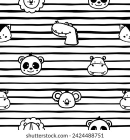 Cute animal faces. Vector seamless black and white pattern. Doodle funny animals on strip background