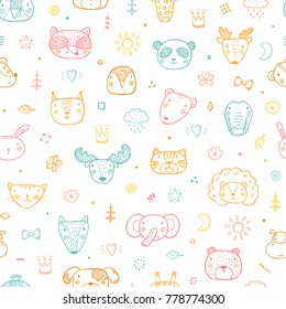 Cute Animal Faces Vector Seamless pattern. Hand drawn Doodle Cartoon Animals and Birds. Background for Kids