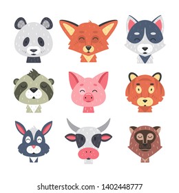 Cute Animal Faces Vector Set. Hand Drawn Animals Characters. Fox, Panda, Rabbit, Tiger, Pig, Wolf, Cow, Nonkey, Sloth. Mammal Kids