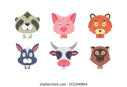 Cute animal faces vector set. Hand drawn animals characters. monkey, rabbit, tiger, pig, cow, sloth. Mammal kids.