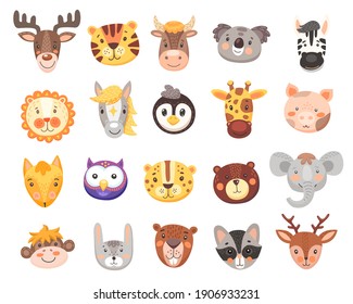 Cute animal faces vector set with isolated cartoon heads of bear, fox, tiger, bunny or rabbit, elephant, monkey, koala and deer. Funny owl, pig, giraffe and zebra, lion, cow, penguin and racoon