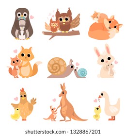 Cute Animal Families Set, Penguin, Owl, Squirrel, Fox, Snail, Rabbit, Hen, Kangaroo, Goose Vector Illustration