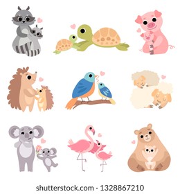 Cute Animal Families Set, Raccoon, Turtle, Pig, Hedgehog, Bird, Sheep, Koala, Flamingo, Bear Vector Illustration