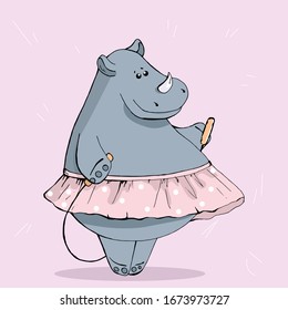 Cute animal fat girl rhinoceros in a skirt jumping rope cartoon hand drawn vector illustration. Can be used for t-shirt print, kids wear fashion design, baby shower invitation card