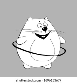 Cute animal fat happy cat twists the hoop, for coloring book cartoon hand drawn vector illustration. Can be used for t-shirt print, kids wear fashion design, baby shower invitation card