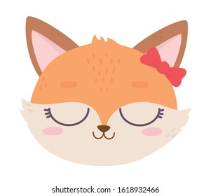 cute animal female fox face with bow cartoon vector illustration
