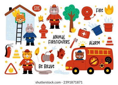 Cute animal firefighters isolated set with funny inscription alarm, fire, be brave and rescue equipment firetruck, hose, hydrant, first aid kit, bucket, cones, burning fox house vector illustration