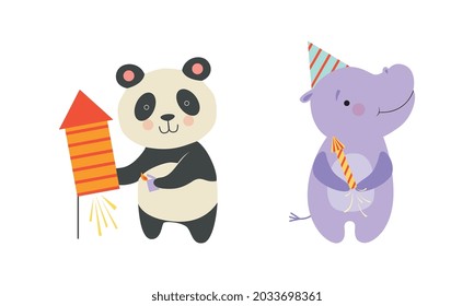 Cute Animal with Fireworks Enjoying Holiday Celebration Vector Set