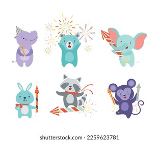 Cute Animal with Fireworks Enjoying Holiday Celebration Vector Set