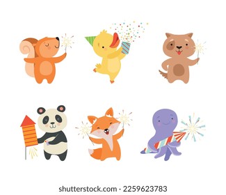 Cute Animal with Fireworks Enjoying Holiday Celebration Vector Set