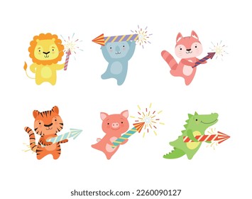 Cute Animal with Fireworks Enjoying Holiday Celebration Vector Set