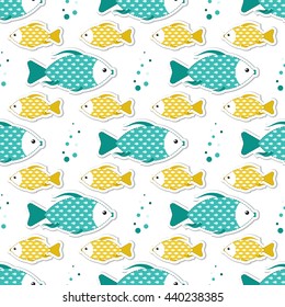Cute animal fish seamless pattern. Childish wallpaper. Cartoon graphic background. Sweet pet design. Funny character illustration