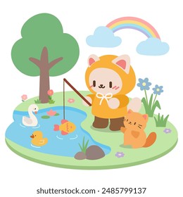 Cute Animal Fishing. Kawaii Illustration of a Playful Day by the Pond. Adorable Fishing Scene. Cartoon Animals Enjoying Nature.