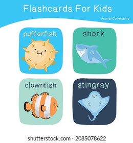 Colección de tarjetas flash para animales. Nombre en inglés con dibujos animados. Dibujo bonito de animales marinos. Juegos de cartas para niños. Ilustración vectorial.