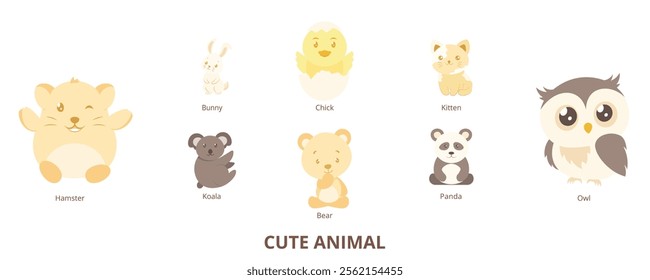 Cute Animal Flat Banner Web Icon Set Vector Illustration