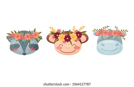 Cute Animal with Floral Wreaths on Their Head Vector Set