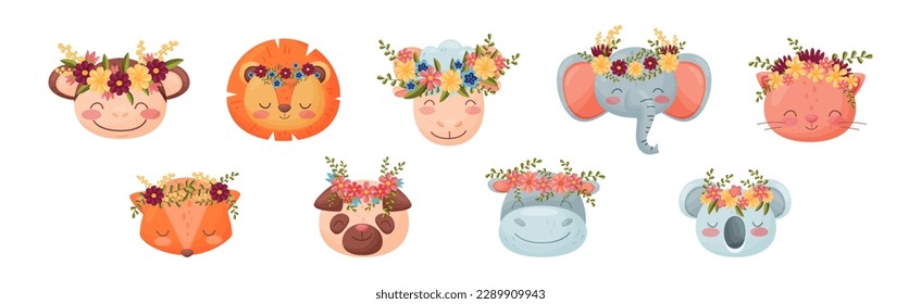 Cute Animal with Floral Wreaths on Their Head Vector Set