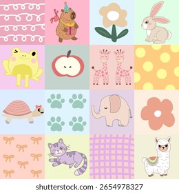 Cute animal and flower pattern design, pastel colors.
