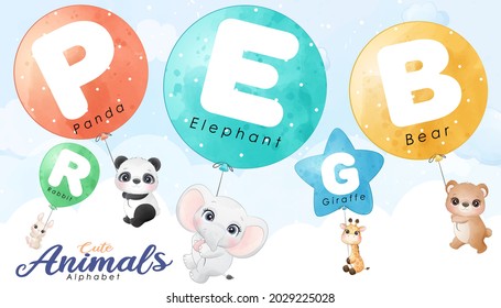 Cute animal flying with alphabet balloon illustration