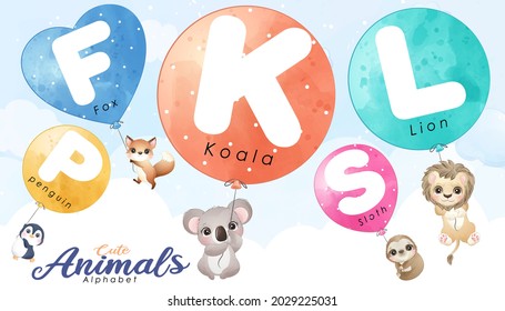 Cute animal flying with alphabet balloon illustration