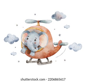 Cute Animal Flying On Airplane Watercolor Clipart Illustration With Isolated Background