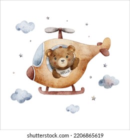 cute animal flying on airplane watercolor clipart illustration with isolated background