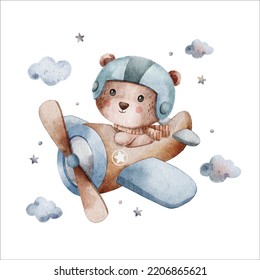 cute animal flying on airplane watercolor clipart illustration with isolated background
