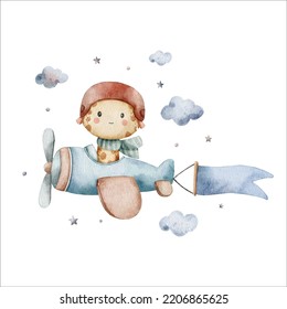 cute animal flying on airplane watercolor clipart illustration with isolated background