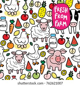 cute animal and food from farm seamless pattern