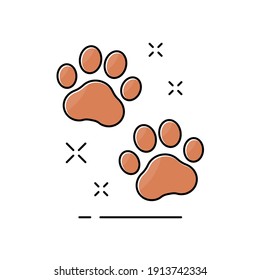 Cute animal foot. Footprint dog or cat. Graphic outline paw. Pet service. Icon pawprint in comic style. Paw prints. Cute sign dogs or cats. Cartoon pets design for print. Trail shape logo. Vector